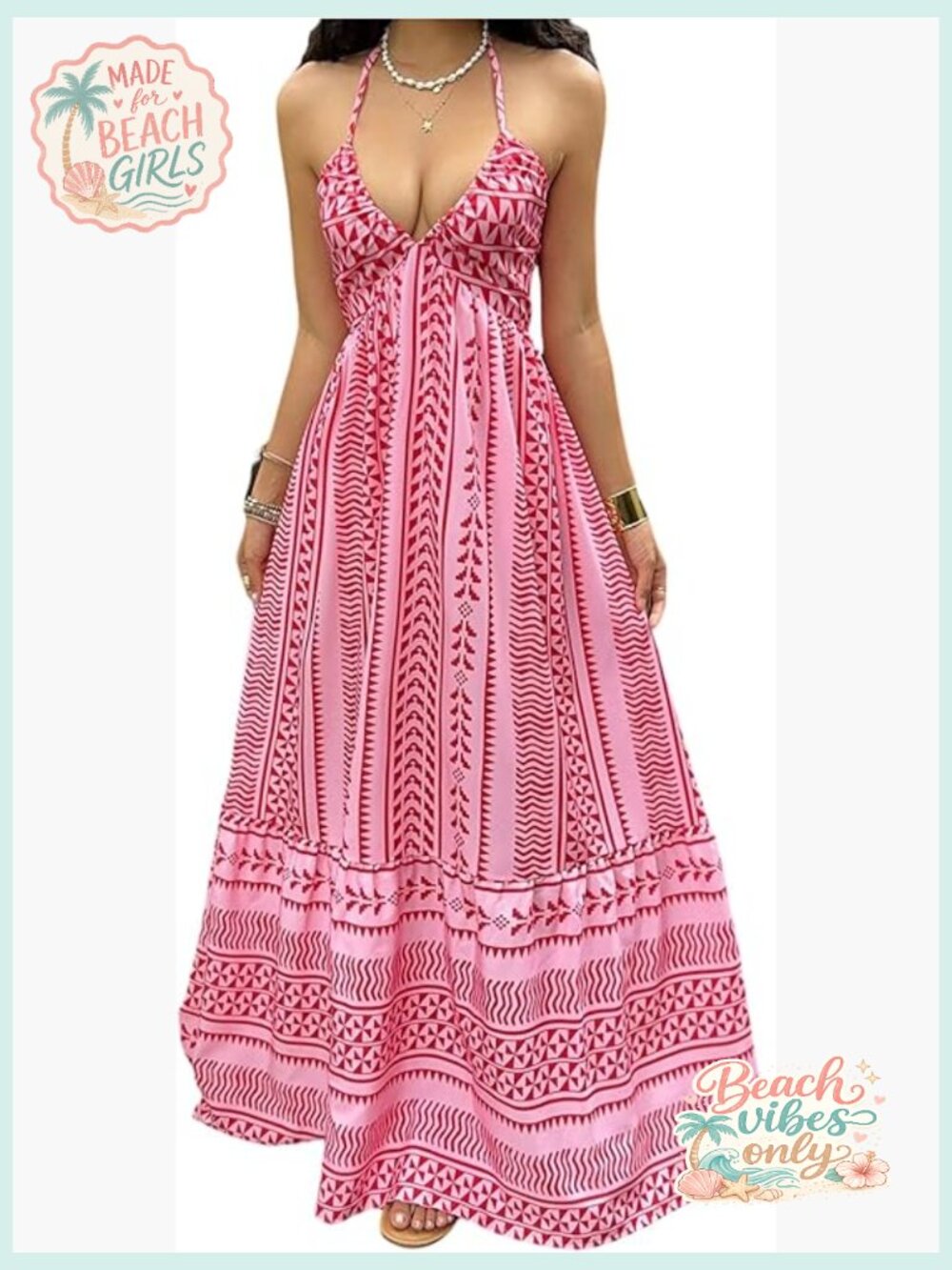 Boho Flowy Halter Maxi Dress Sleeveless Backless Beach Vacation Sundress